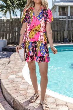 Online Dear-Lover Leopard Print Short Sleeve Tiered Ruffle Mini Dress Rose