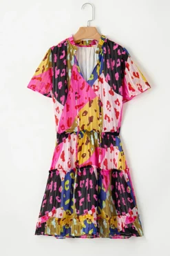 Online Dear-Lover Leopard Print Short Sleeve Tiered Ruffle Mini Dress Rose