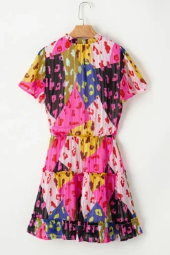 Online Dear-Lover Leopard Print Short Sleeve Tiered Ruffle Mini Dress Rose