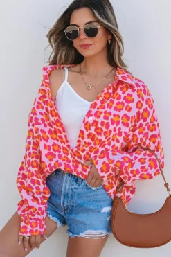 New Dear-Lover Leopard Printed Button Up Loose Shirt Rose