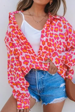 New Dear-Lover Leopard Printed Button Up Loose Shirt Rose
