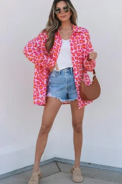 New Dear-Lover Leopard Printed Button Up Loose Shirt Rose