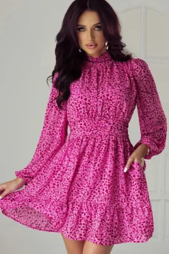 Clearance Dear-Lover Leopard Puff Sleeve Knotted High Neck Ruffle Dress Rose