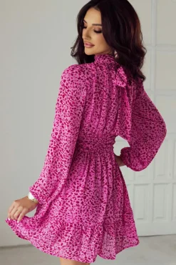 Clearance Dear-Lover Leopard Puff Sleeve Knotted High Neck Ruffle Dress Rose