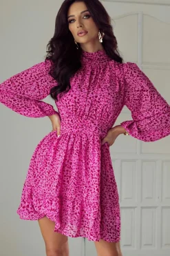 Clearance Dear-Lover Leopard Puff Sleeve Knotted High Neck Ruffle Dress Rose