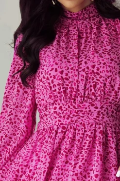 Clearance Dear-Lover Leopard Puff Sleeve Knotted High Neck Ruffle Dress Rose