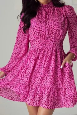 Clearance Dear-Lover Leopard Puff Sleeve Knotted High Neck Ruffle Dress Rose