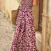 Hot Dear-Lover Leopard Ruffle Straps Smocked High Waist Long Dress Rose