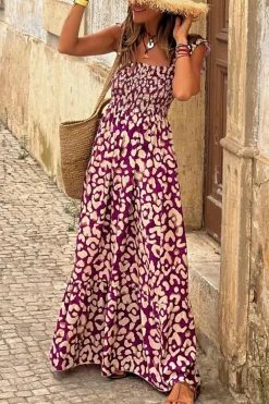 Hot Dear-Lover Leopard Ruffle Straps Smocked High Waist Long Dress Rose