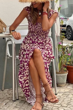Hot Dear-Lover Leopard Ruffle Straps Smocked High Waist Long Dress Rose