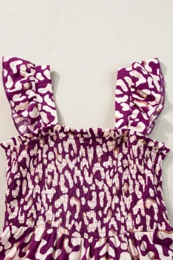 Hot Dear-Lover Leopard Ruffle Straps Smocked High Waist Long Dress Rose