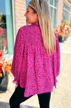 Sale Dear-Lover Leopard Shirred Puff Sleeve Flowy Blouse Rose