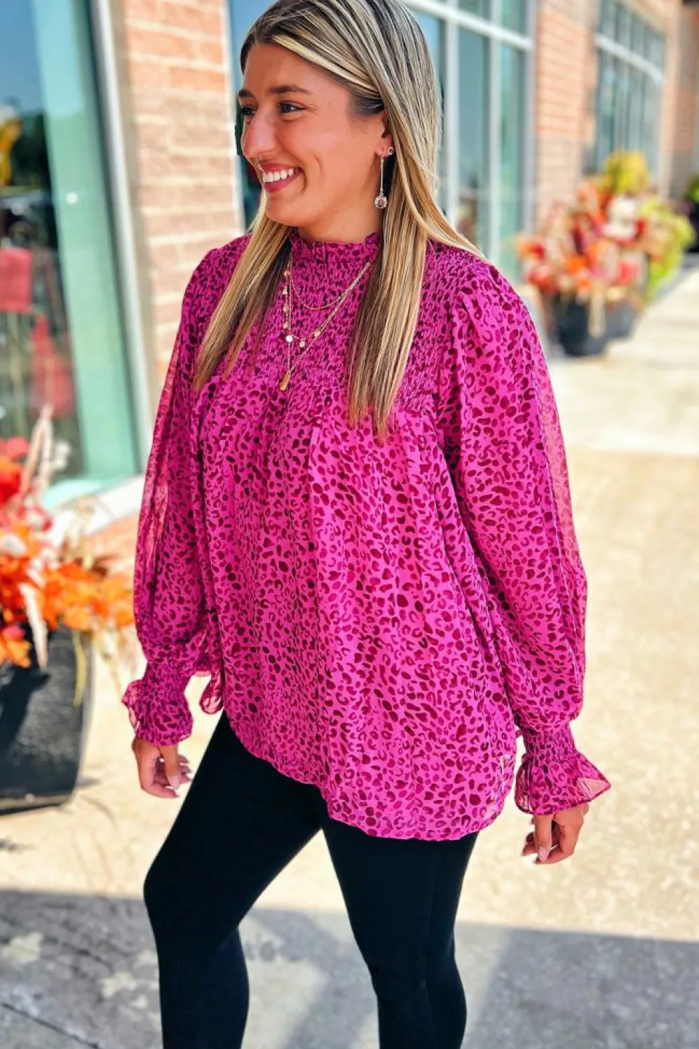 Sale Dear-Lover Leopard Shirred Puff Sleeve Flowy Blouse Rose