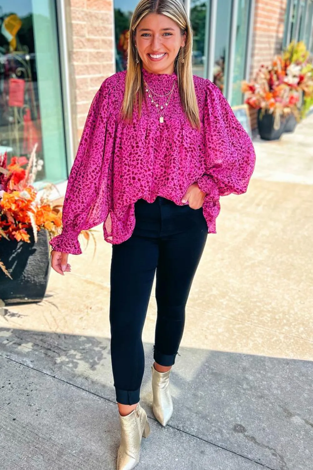 Sale Dear-Lover Leopard Shirred Puff Sleeve Flowy Blouse Rose