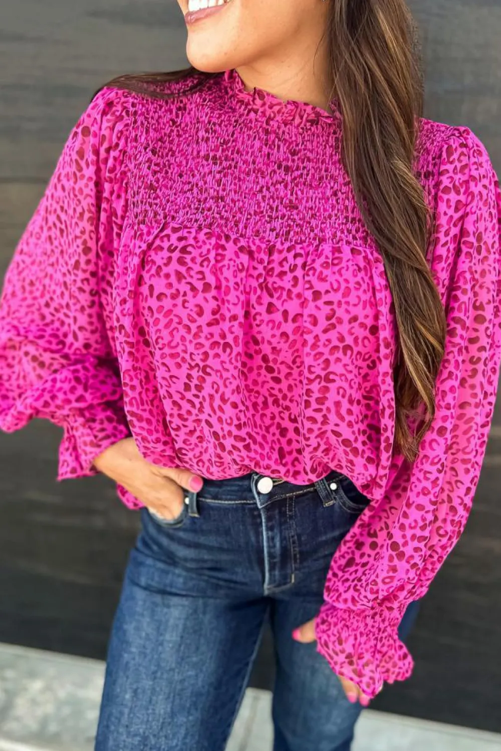 Sale Dear-Lover Leopard Shirred Puff Sleeve Flowy Blouse Rose