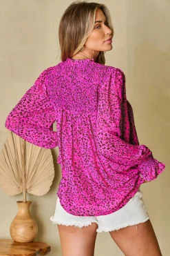 Sale Dear-Lover Leopard Shirred Puff Sleeve Flowy Blouse Rose