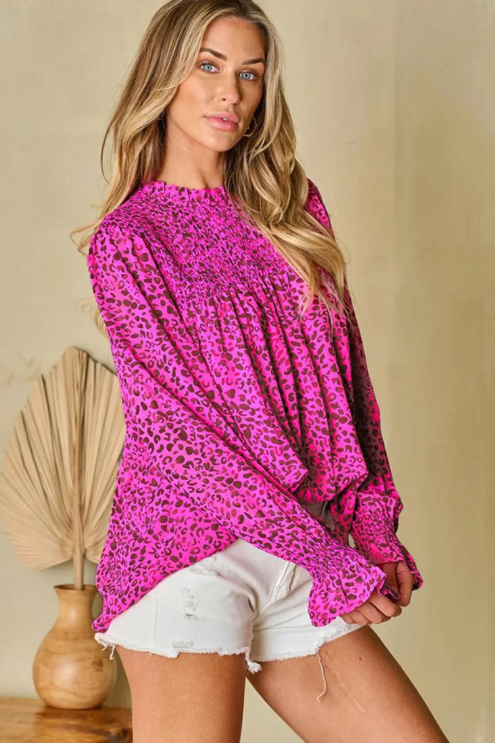 Sale Dear-Lover Leopard Shirred Puff Sleeve Flowy Blouse Rose