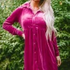 Online Dear-Lover Long Sleeve Ruffle Velvet Button Up Dress Rose