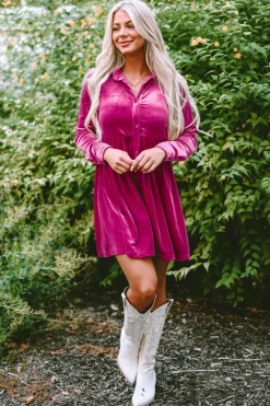 Online Dear-Lover Long Sleeve Ruffle Velvet Button Up Dress Rose