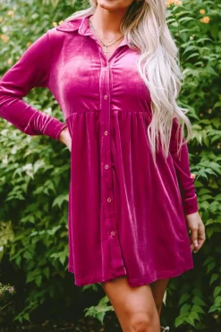 Online Dear-Lover Long Sleeve Ruffle Velvet Button Up Dress Rose