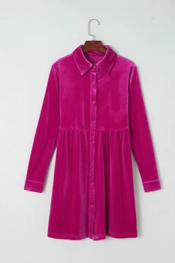 Online Dear-Lover Long Sleeve Ruffle Velvet Button Up Dress Rose