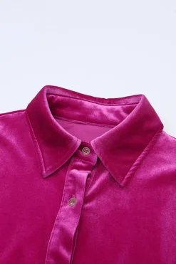 Online Dear-Lover Long Sleeve Ruffle Velvet Button Up Dress Rose