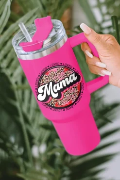 Best Dear-Lover Mama Leopard Print Stainless Steel Insulate Cup with Handle 40oz Rose