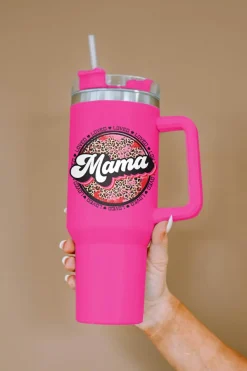 Best Dear-Lover Mama Leopard Print Stainless Steel Insulate Cup with Handle 40oz Rose