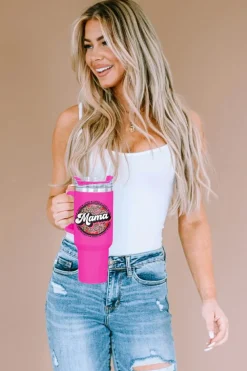 Best Dear-Lover Mama Leopard Print Stainless Steel Insulate Cup with Handle 40oz Rose