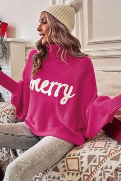 Clearance Dear-Lover Merry Letter Embroidered High Neck Sweater Rose