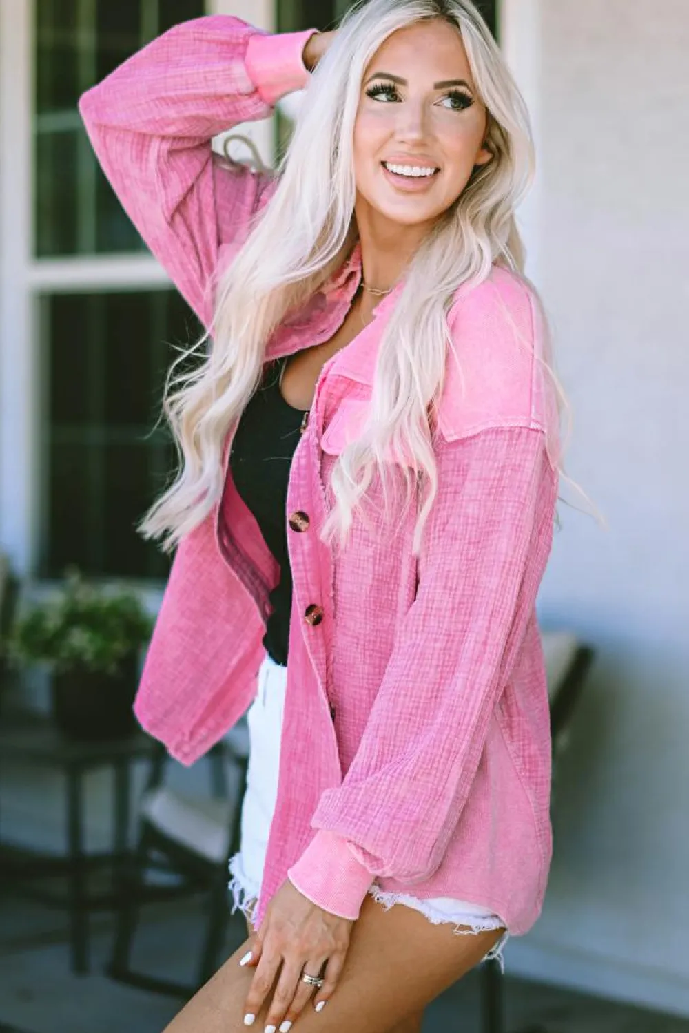 Fashion Dear-Lover Mineral Washed Cotton Shacket Rose