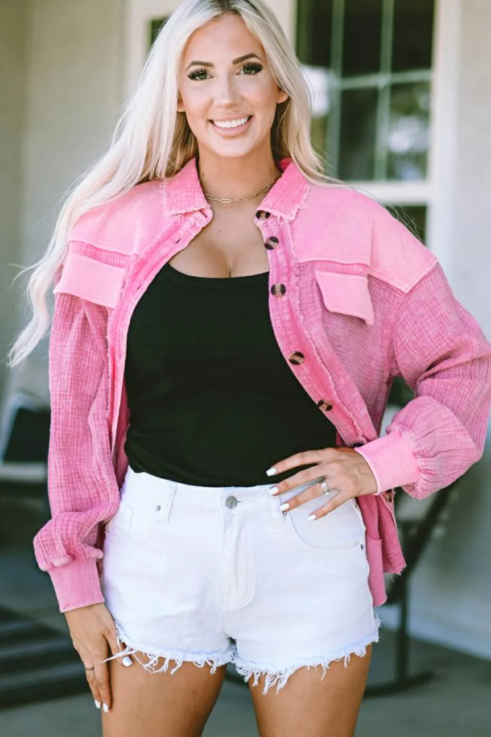 Fashion Dear-Lover Mineral Washed Cotton Shacket Rose