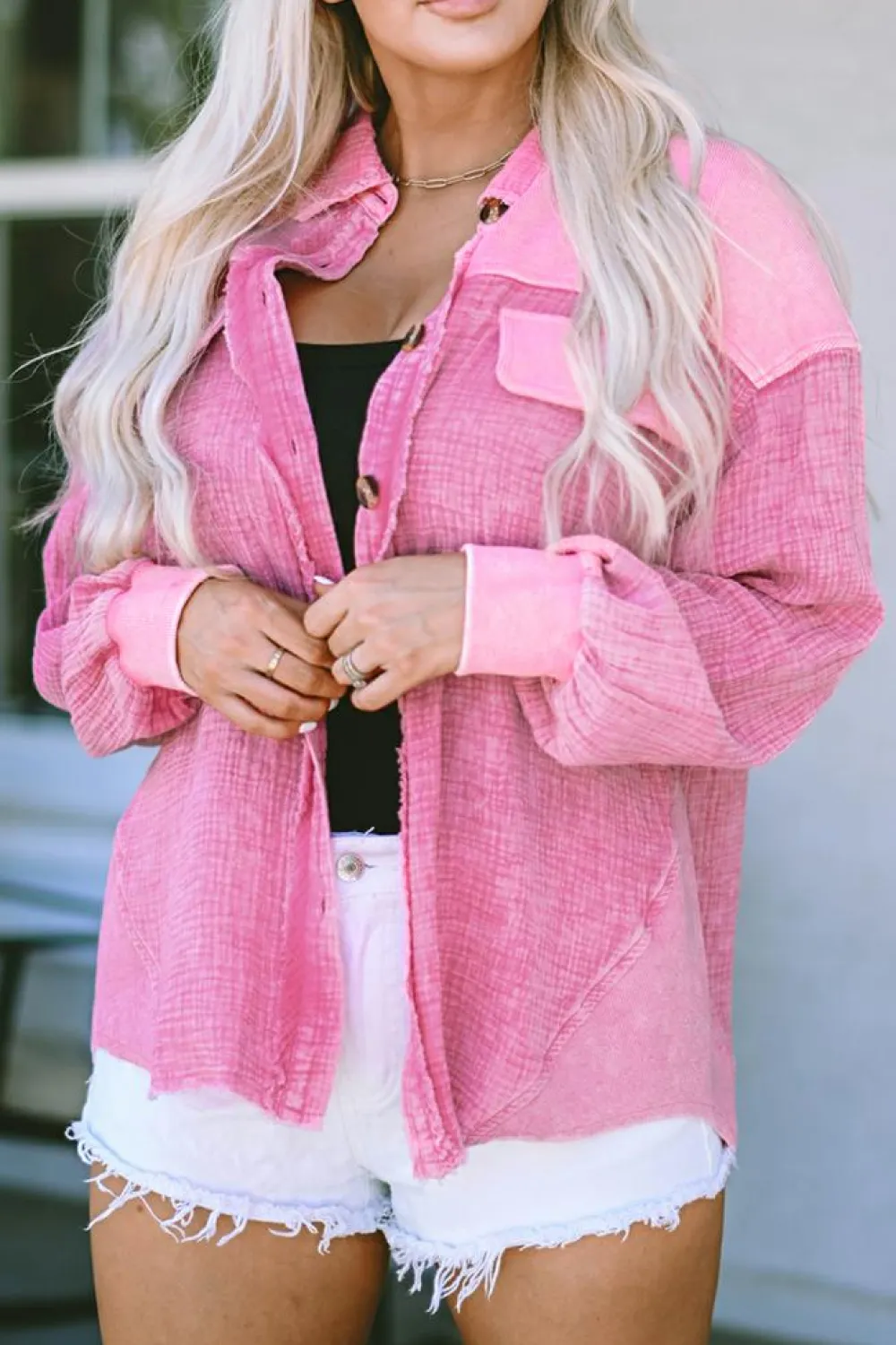 Fashion Dear-Lover Mineral Washed Cotton Shacket Rose