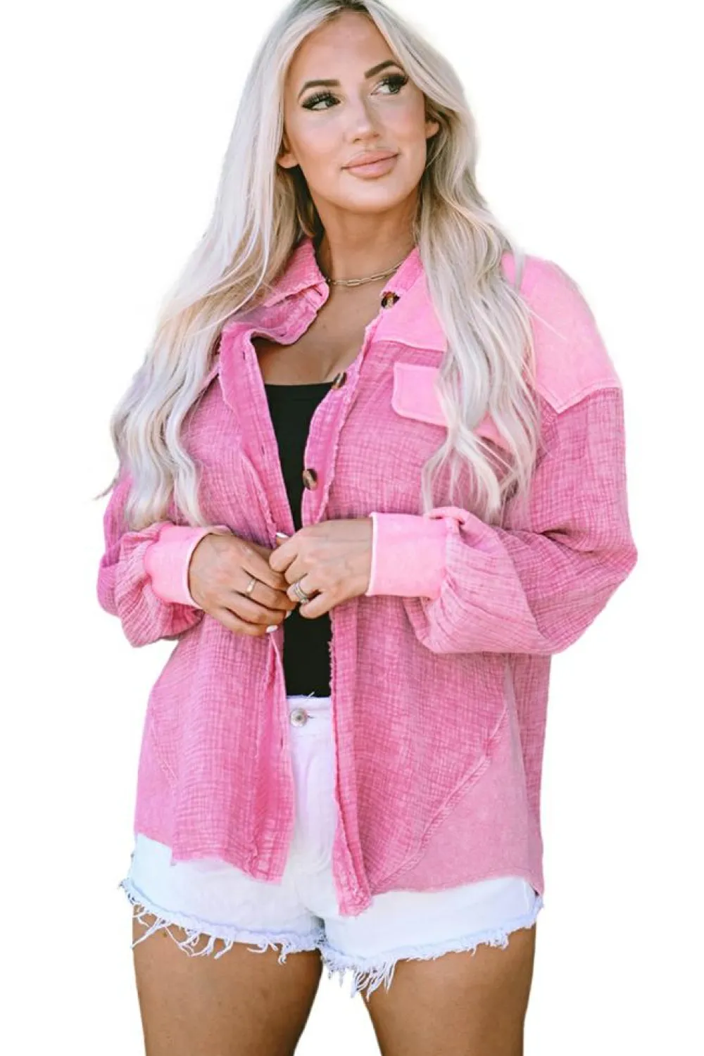 Fashion Dear-Lover Mineral Washed Cotton Shacket Rose