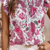 Fashion Dear-Lover Paisley Floral Smocked Frilled Neck Flutter Sleeve Blouse Rose