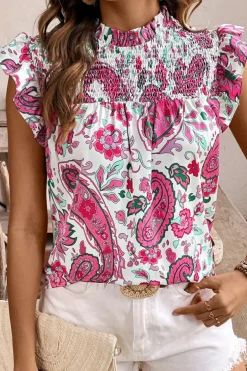 Fashion Dear-Lover Paisley Floral Smocked Frilled Neck Flutter Sleeve Blouse Rose