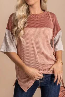 New Dear-Lover Color Block Ribbed Side Slits Half Sleeve Top Rose Pink