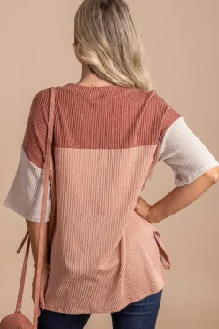 New Dear-Lover Color Block Ribbed Side Slits Half Sleeve Top Rose Pink