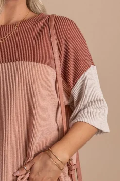 New Dear-Lover Color Block Ribbed Side Slits Half Sleeve Top Rose Pink