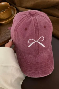 Clearance Dear-Lover Embroidered Bow Knot Denim Baseball Cap Rose Pink