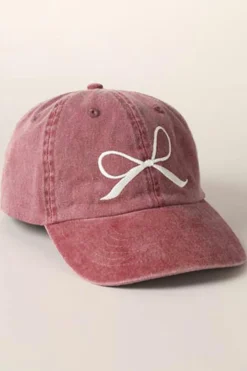 Clearance Dear-Lover Embroidered Bow Knot Denim Baseball Cap Rose Pink