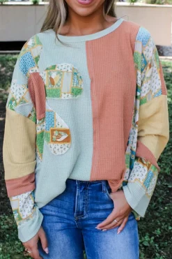 Sale Dear-Lover Floral Patchwork Waffle Color Block Pullover Top Rose Pink