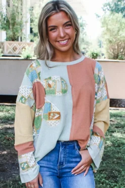 Sale Dear-Lover Floral Patchwork Waffle Color Block Pullover Top Rose Pink