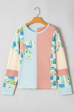 Sale Dear-Lover Floral Patchwork Waffle Color Block Pullover Top Rose Pink