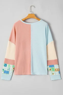 Sale Dear-Lover Floral Patchwork Waffle Color Block Pullover Top Rose Pink