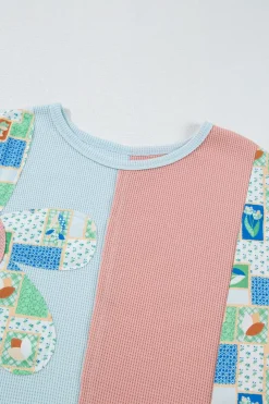 Sale Dear-Lover Floral Patchwork Waffle Color Block Pullover Top Rose Pink
