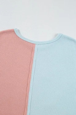 Sale Dear-Lover Floral Patchwork Waffle Color Block Pullover Top Rose Pink