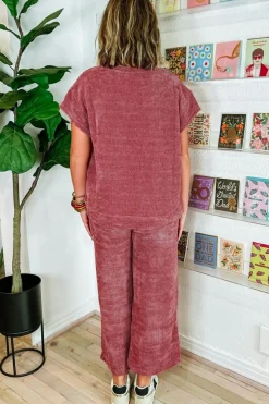 Online Dear-Lover Mineral Wash Corduroy Short Sleeve and Crop Pants Set Rose Pink