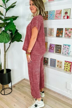 Online Dear-Lover Mineral Wash Corduroy Short Sleeve and Crop Pants Set Rose Pink