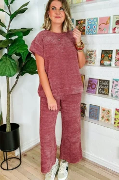 Online Dear-Lover Mineral Wash Corduroy Short Sleeve and Crop Pants Set Rose Pink